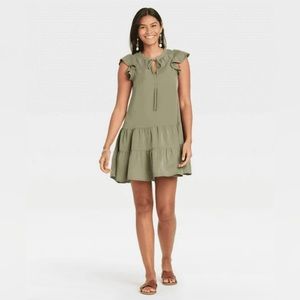KNOX ROSE Peasant Shift Olive green mini dress. Size M